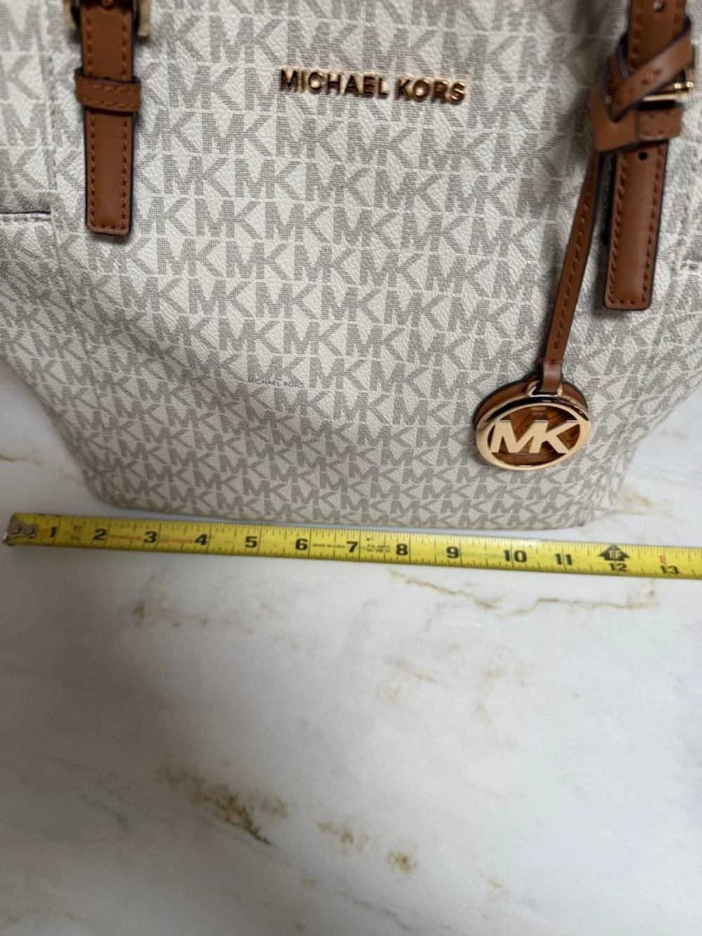 Michael Kors Cream Monogram Tote with Tan Leather Straps - Picture 10 of 14